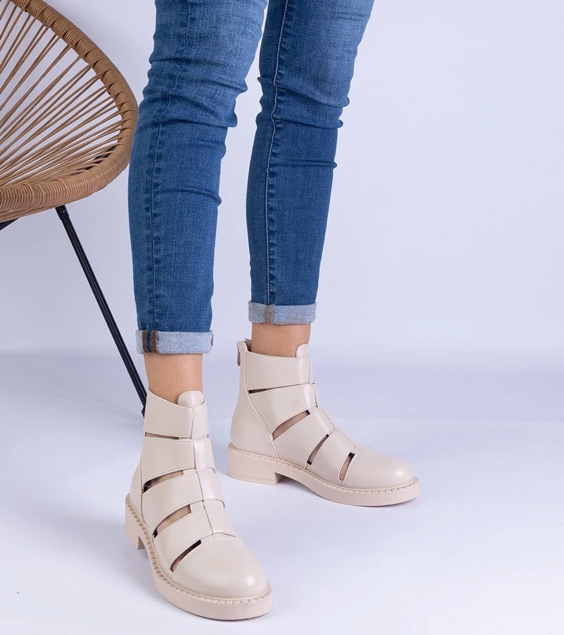 marka niezdefiniowana Beige ankle boots made of eco-leather with cutouts on a flat heel Kalipso