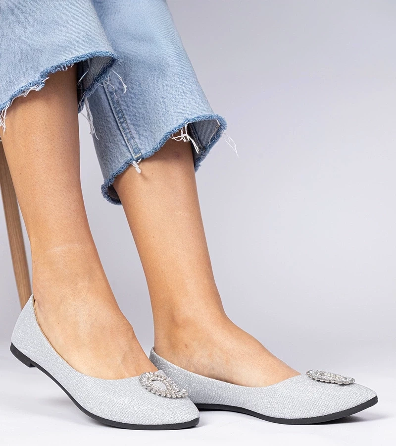 marka niezdefiniowana Silver glitter ballet flats with rhinestones Ellada