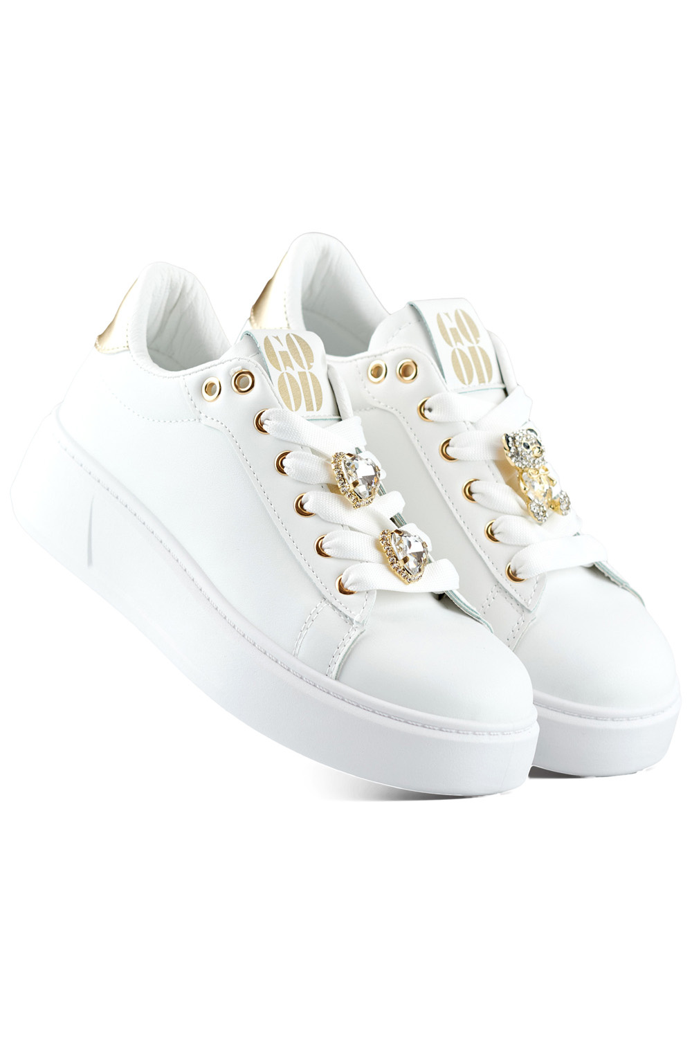 primohurt Białe modne sneakersy damskie z ozdobami na sznurówkach sneakersy z misiem