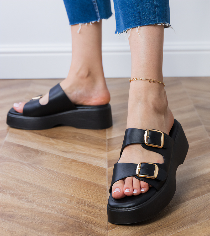 marka niezdefiniowana Papuci negri cu catarame pe barete Wollis