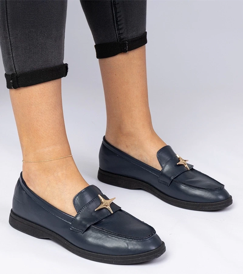 marka niezdefiniowana Navy womens moccasins with gold decoration Senna