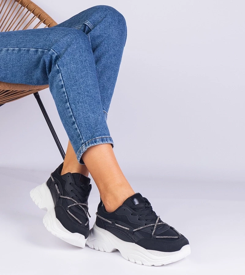 Gemre Adidași negri de damă decorați cu șnur cu zirconiu Masala