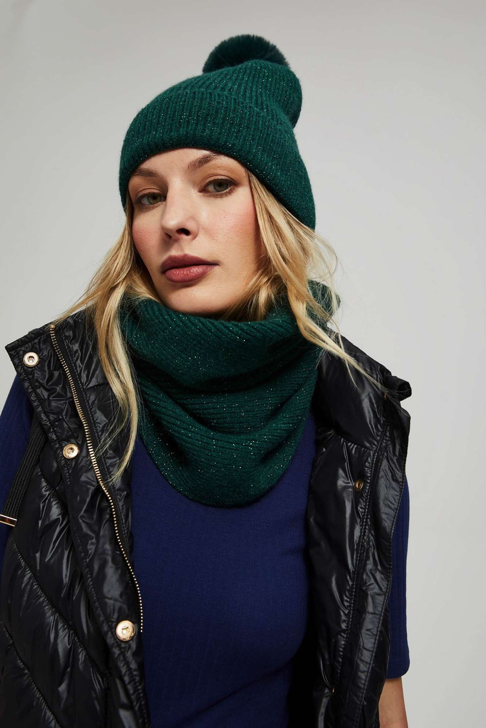 Marisse Emerald Hat With Pompom And Metallic Thread