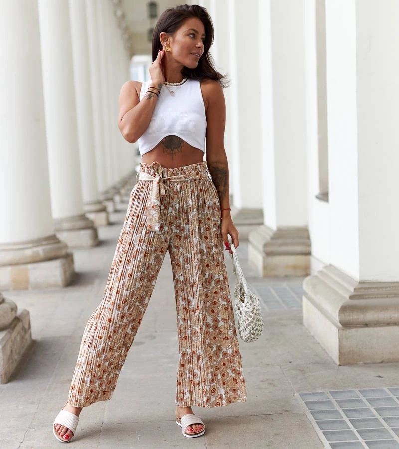 Gemre Pantaloni Aberdeen cu pliuri largi, de culoare albă