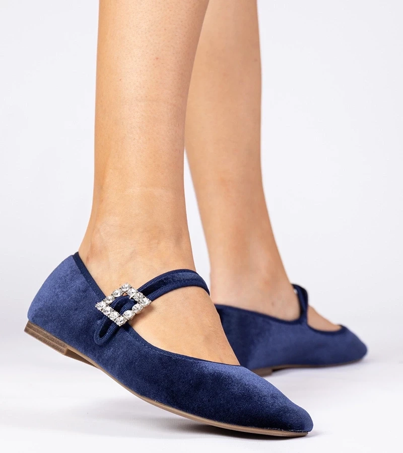 marka niezdefiniowana Navy velvet women's ballet flats with buckle Kvitta