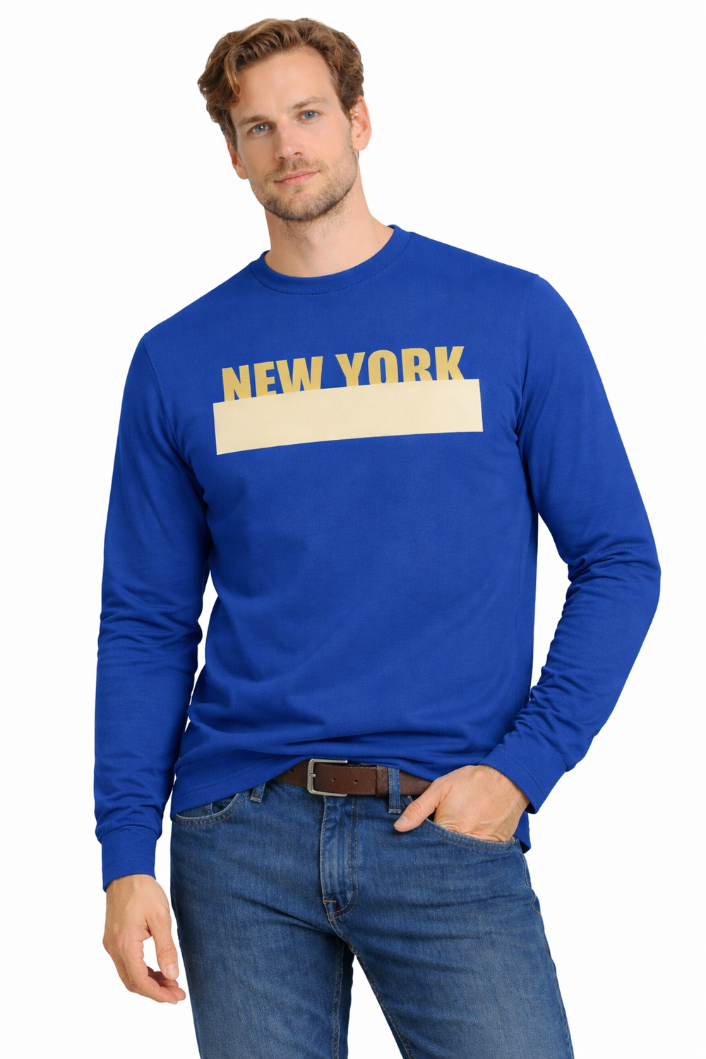 Мъжки пуловер с качулка - син