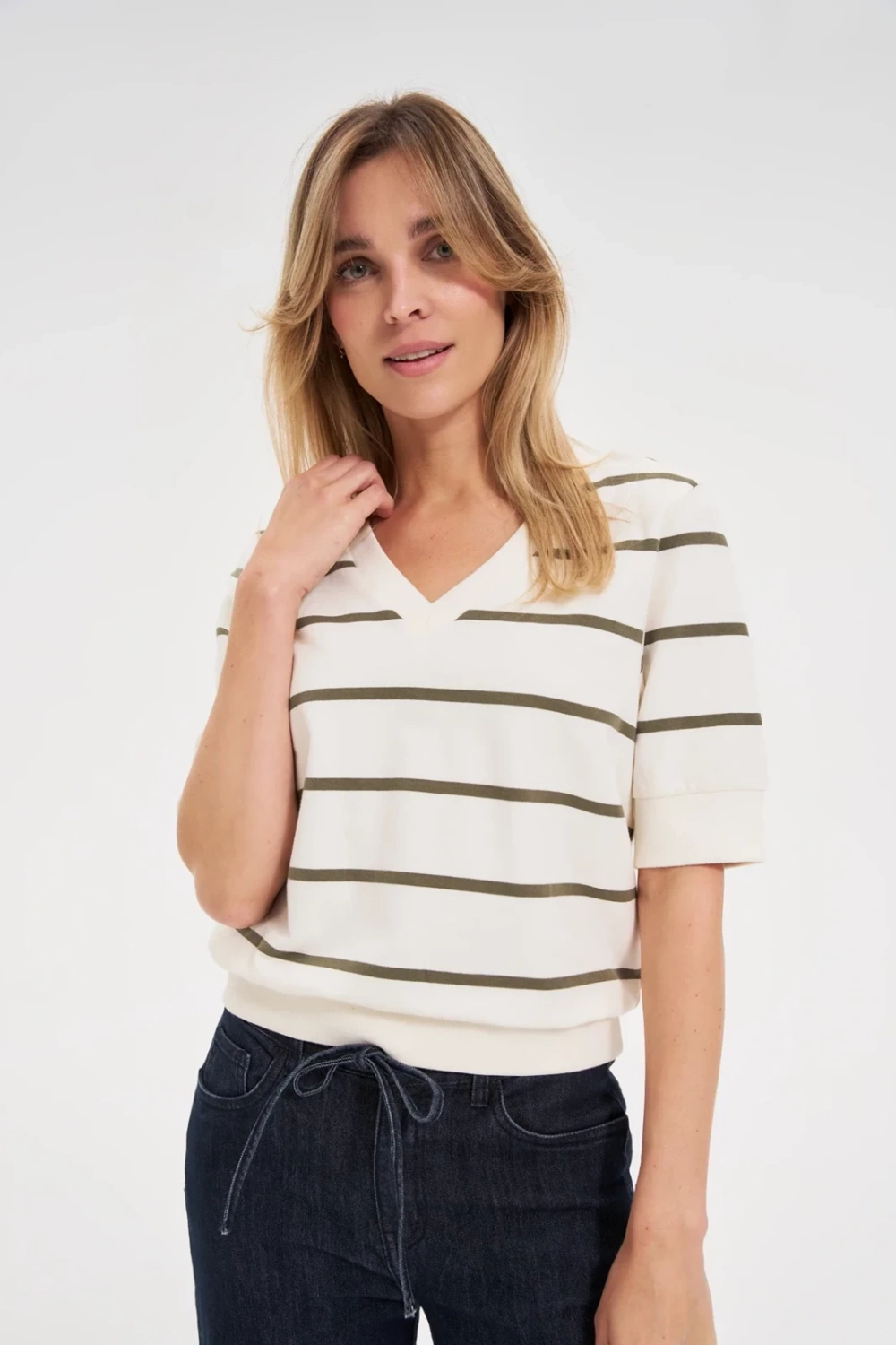 Marisse Striped Sweatshirt With Short Sleeves, Ecru
