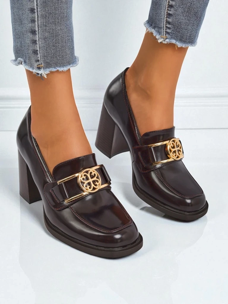 Resti Persephone Nero Women&#039;s Block Heel Loafers Eco Leather Gold Buckle