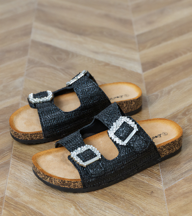 D/CEO Black sandals with cork soles and rhinestones on the buckles Tea