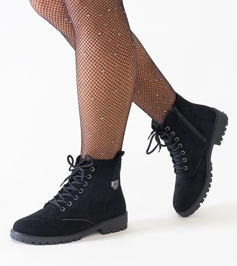 marka niezdefiniowana Black eco-suede worker ankle boots on a platform Madana