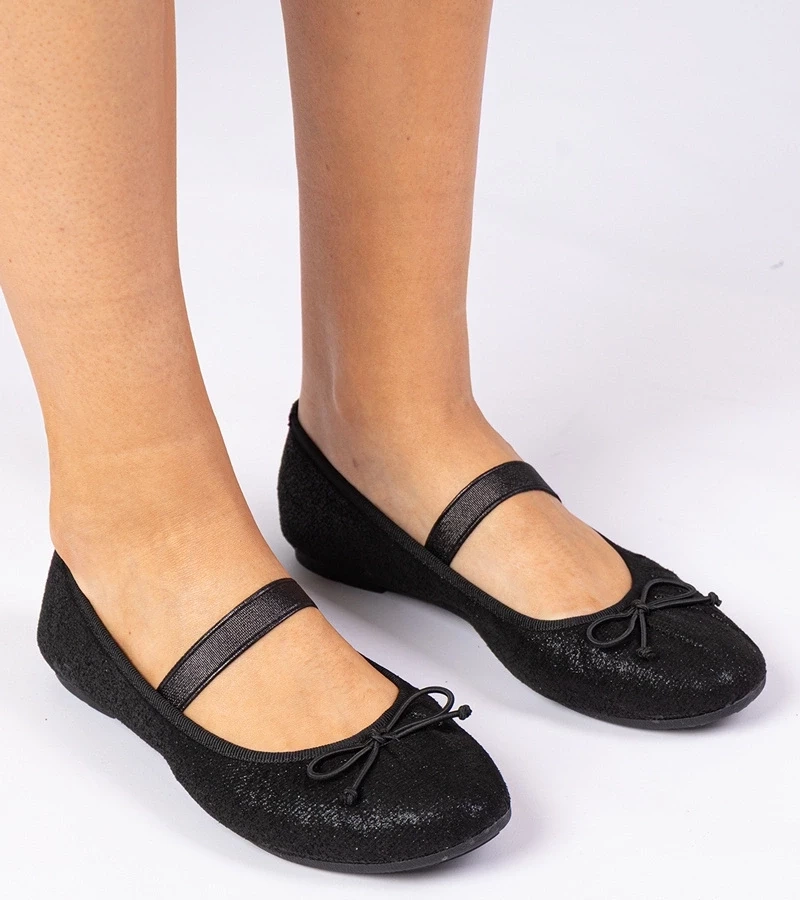 marka niezdefiniowana Black women's ballet flats with bow on elastic Lerona