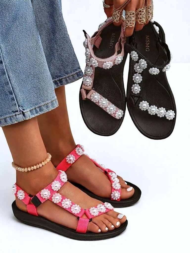Resti Livia Rosa Sandals – Comfortable Women&#039;s Sandals with Pearl Rhinestones