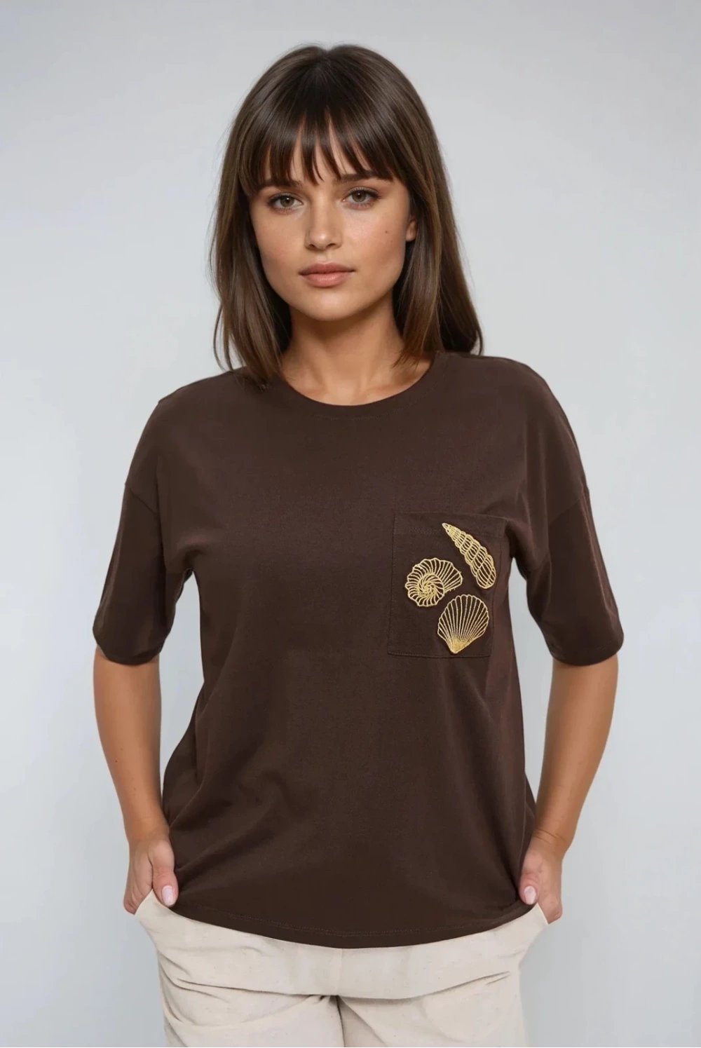 Marisse Brown T-Shirt With A Hat On The Pocket