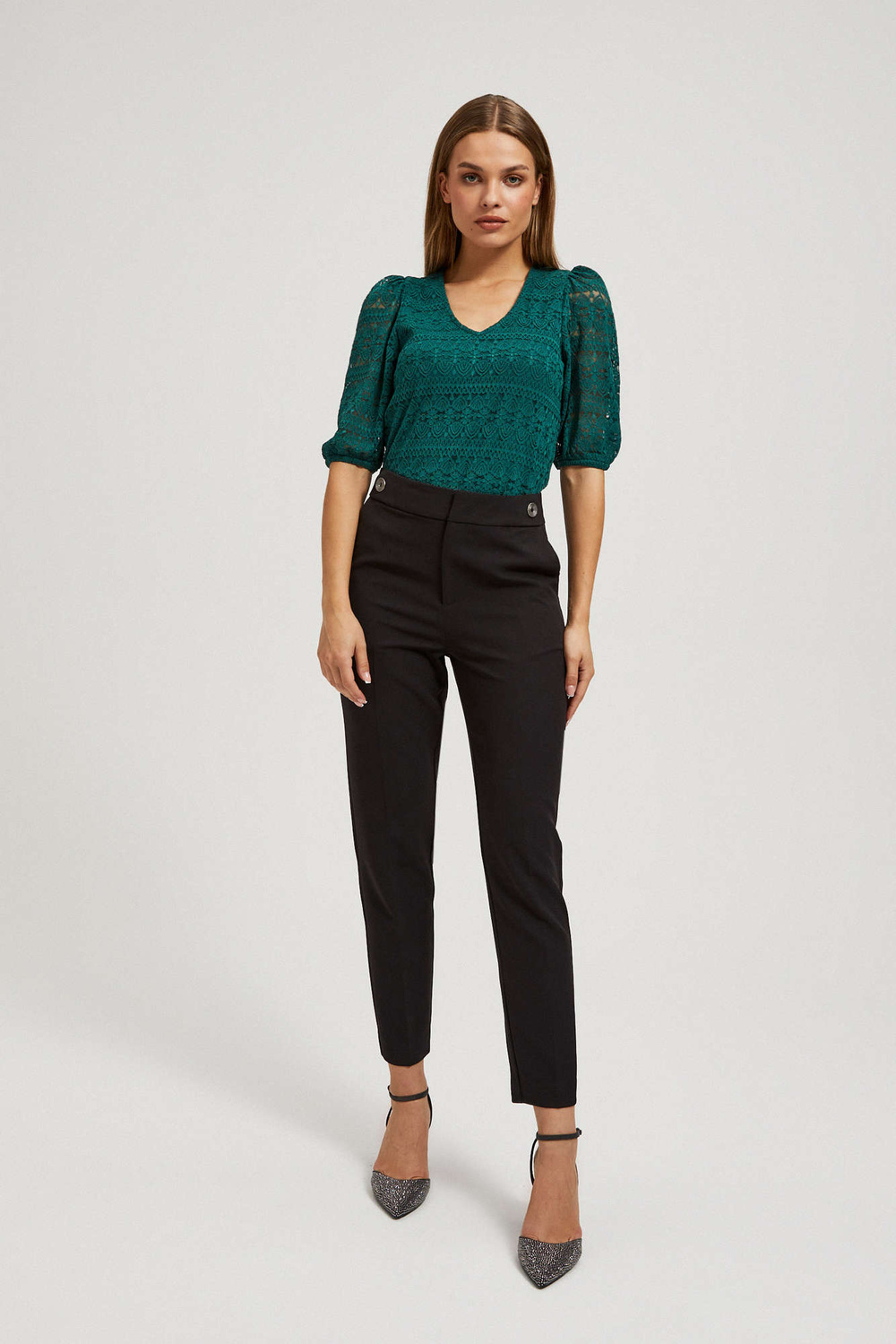 Marisse Emerald Lace Blouse With Puffed Sleeves