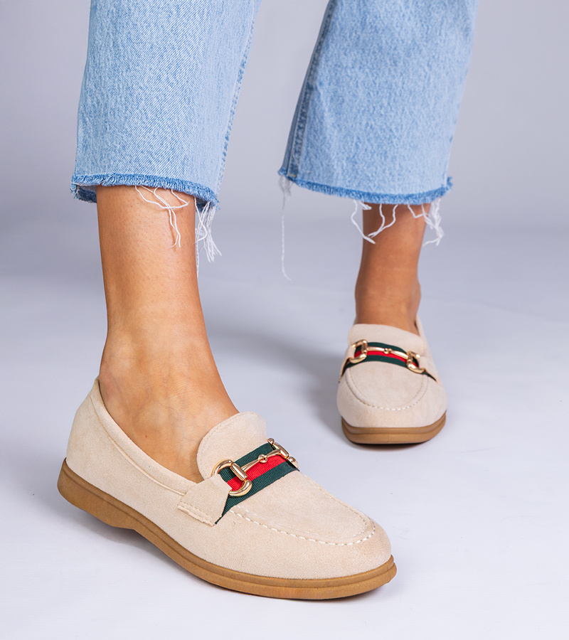 marka niezdefiniowana Beige suede loafers with gold decoration Daliana