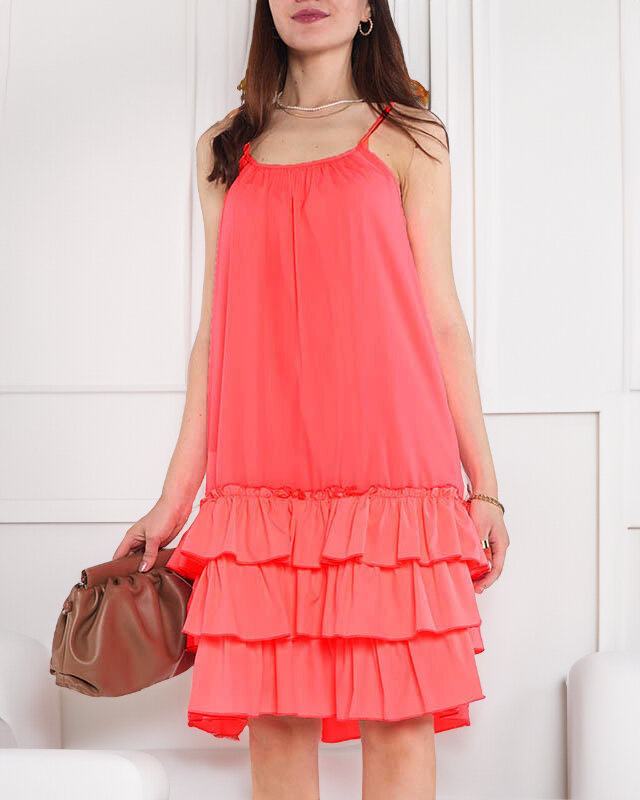 Resti Pink neon women's dress on straps with frills - Clothing