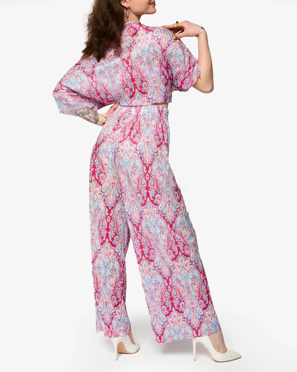 Resti Fuchsia-blue ribbed women's set with print- Clothing