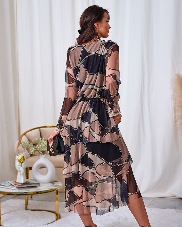 Resti Black and light brown mesh midi dress with print