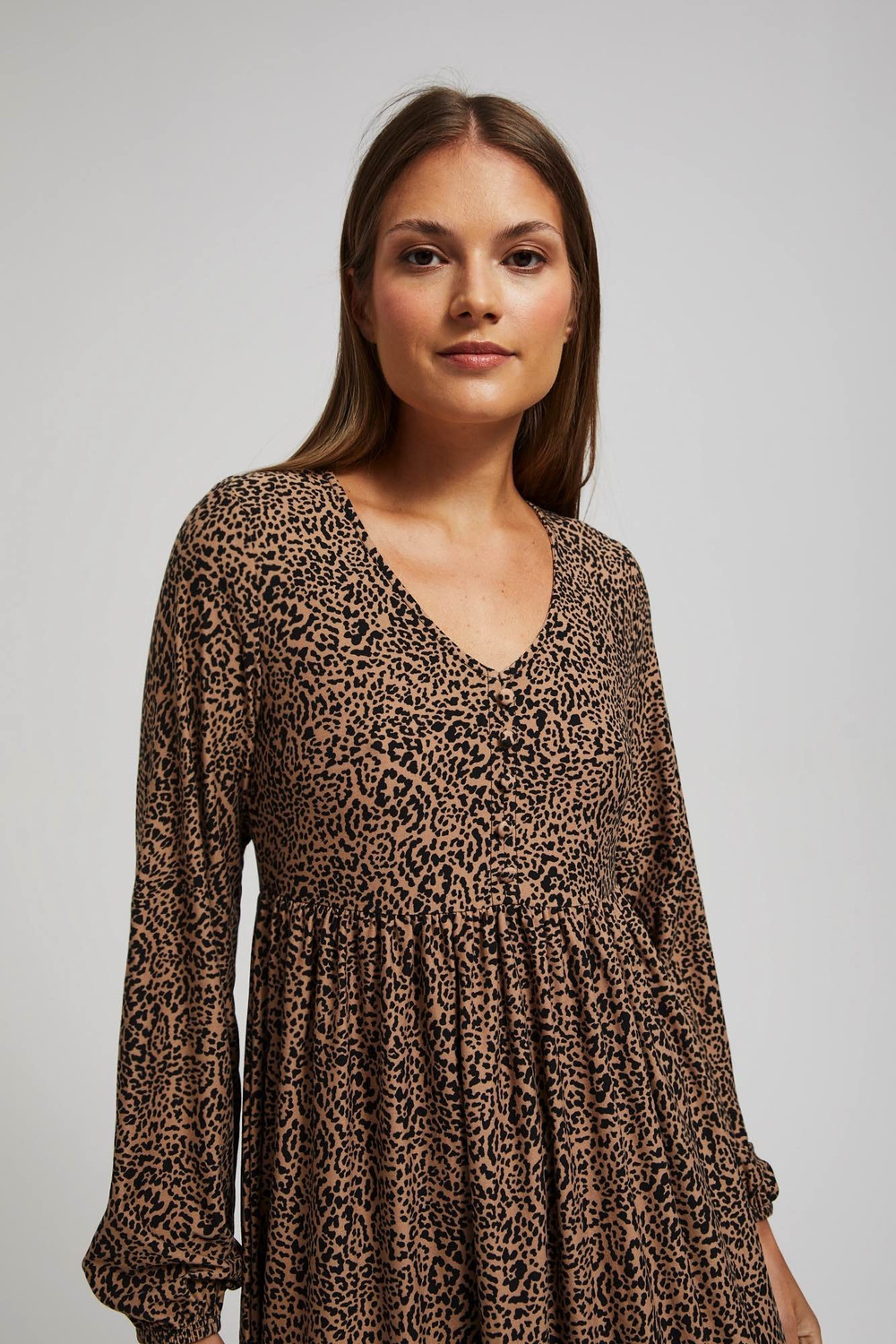 Marisse Patterned, Knee-Length, Ruffled Dress In Dark Beige