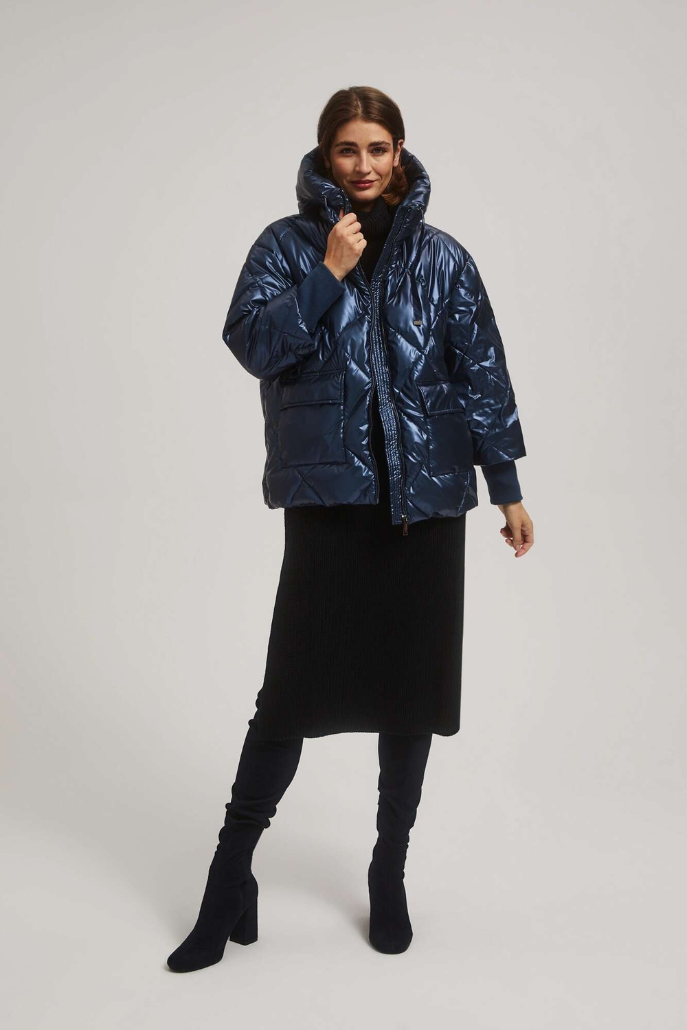 Marisse Navy Blue Metallic Quilted Jacket