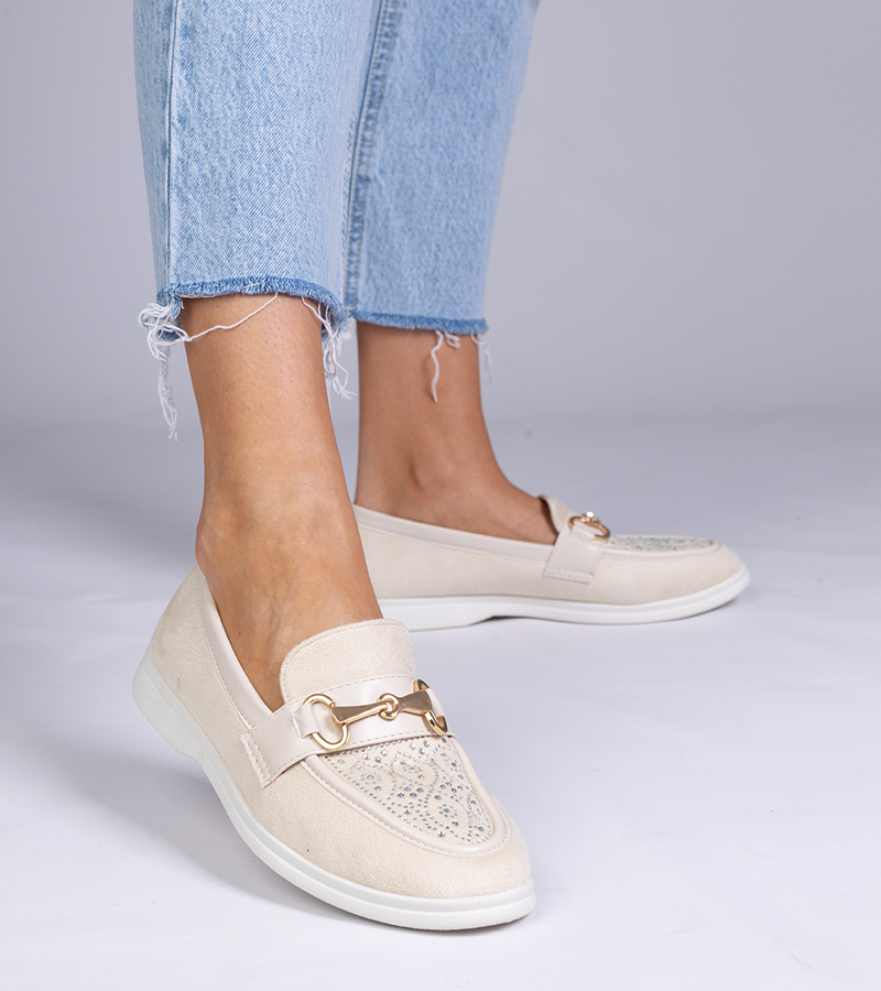 Gemre Mocasini bej din piele ecologică întoarsă cu strasuri Minilla