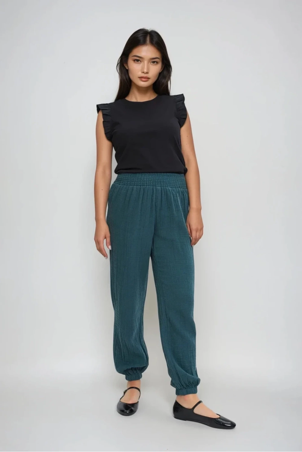 Marisse Black Blouse With Ruffles On The Shoulders