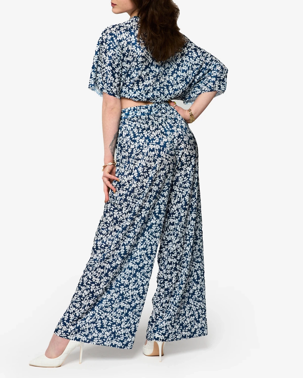 Resti Women's navy blue pleated set with black flowers - Clothing