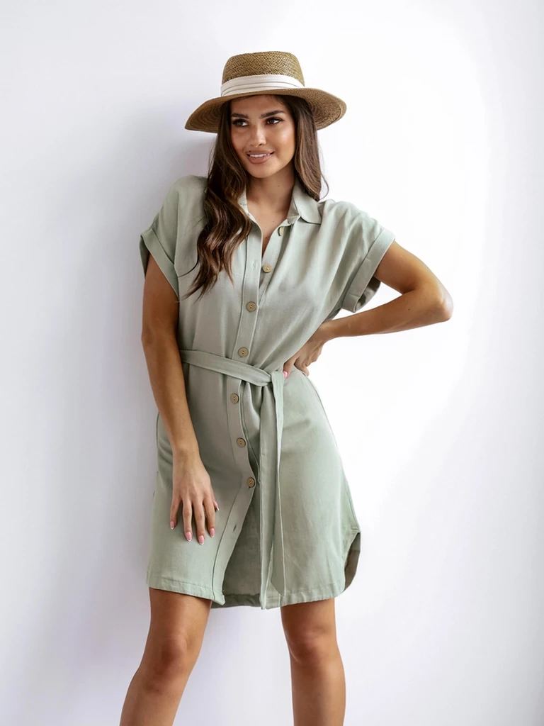 Resti Womens mini dress with short sleeves and a button closure belt