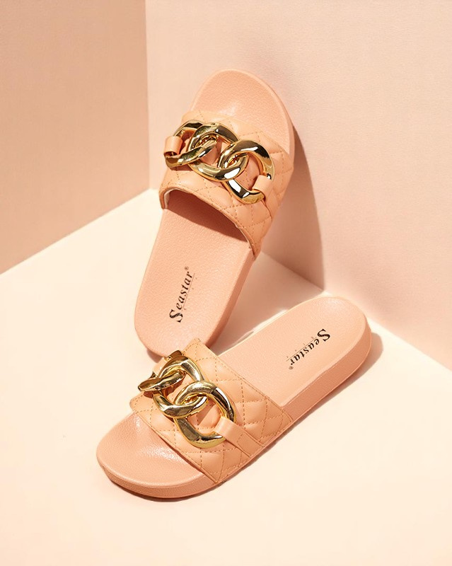 Resti Royalfashion Coral women&#039;s quilted flip-flops with gold chain Eteris