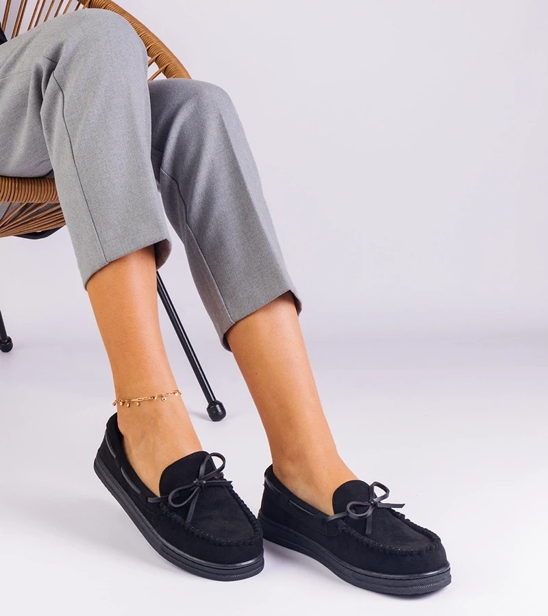 Gemre Mocasini negri de damă din piele ecologică întoarsă cu fundiță Sarina