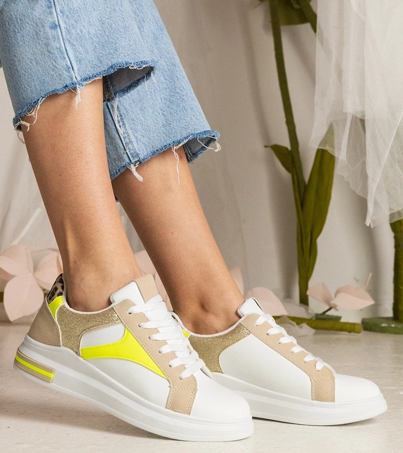 Gemre Adidași albi de damă cu sclipici și imprimeu leopard Wellos