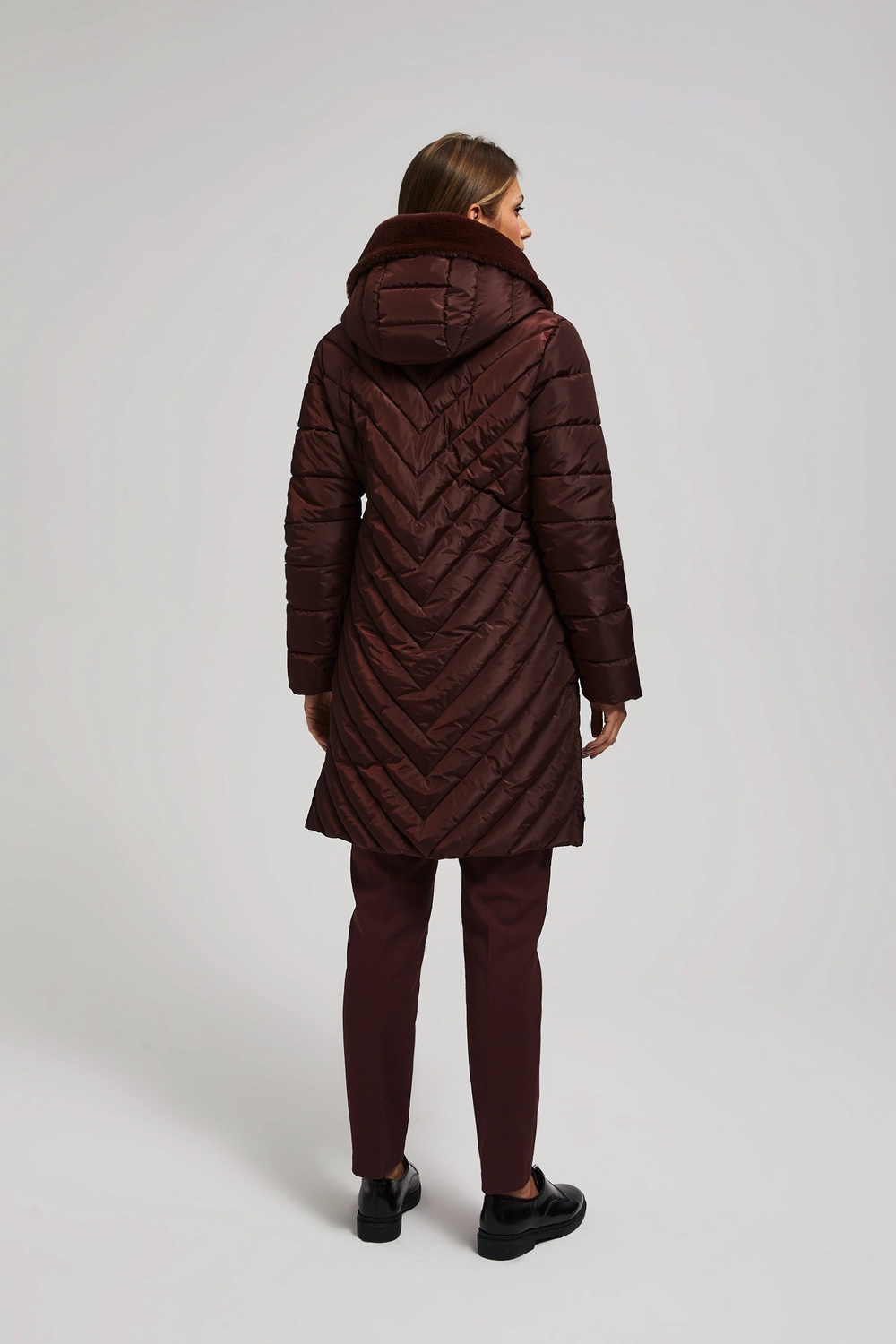 Marisse Long Quilted Jacket With Hood, Brown