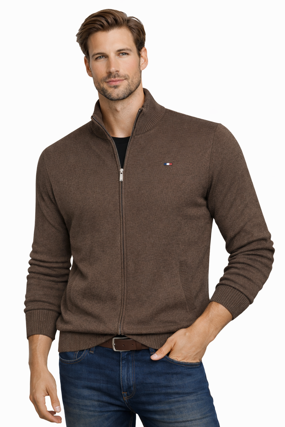 Мъжки кафяв пуловер с цип
