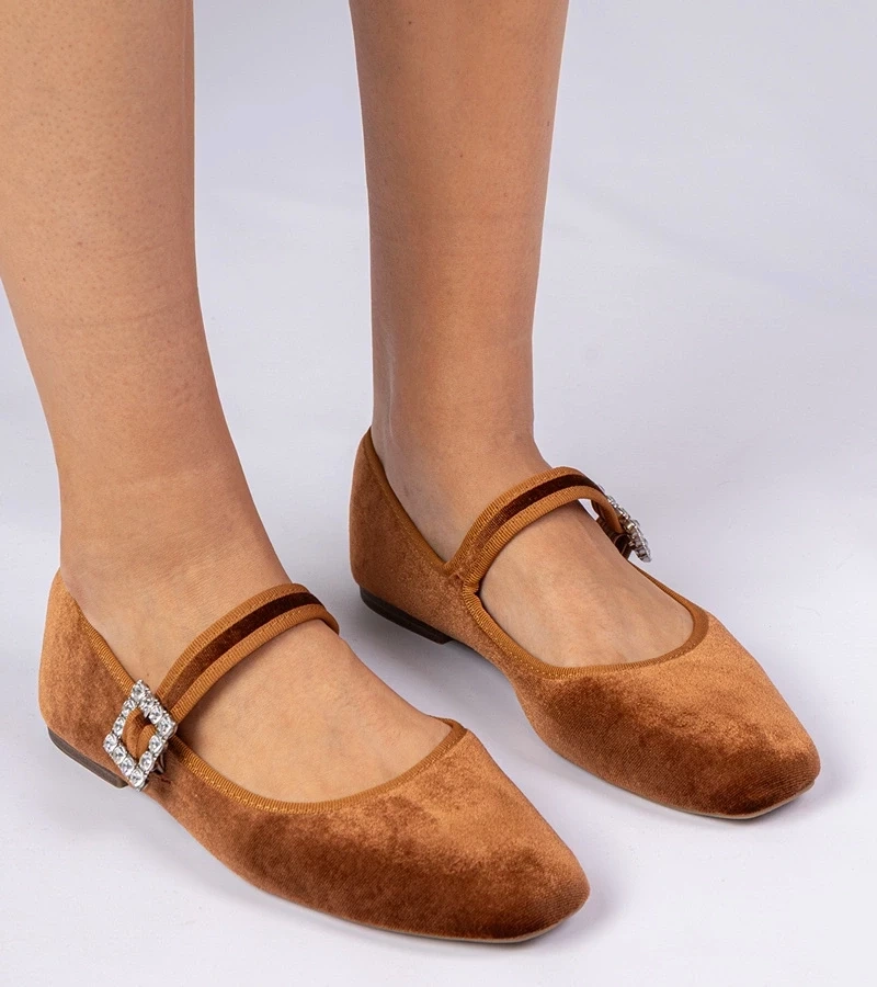marka niezdefiniowana Brown velvet women's ballet flats with buckle Kvitta