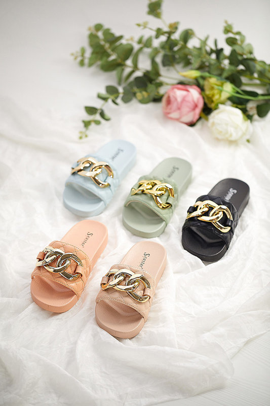 Resti Royalfashion Beige women&#039;s quilted flip-flops with gold chain Eteris