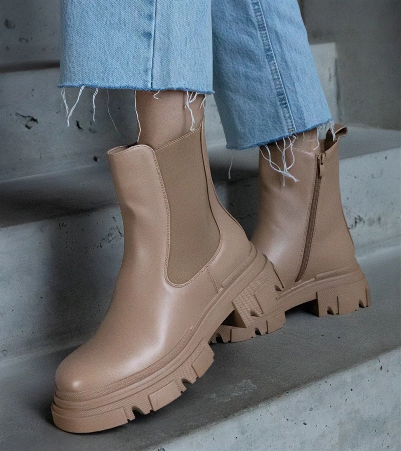 Gemre Botine bej îmblănite cu fermoar piele ecologică Amaris