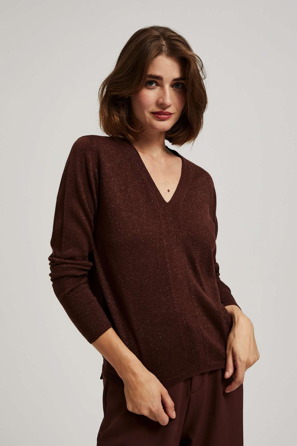 Marisse Brown Metallic Thread V-Neck Sweater