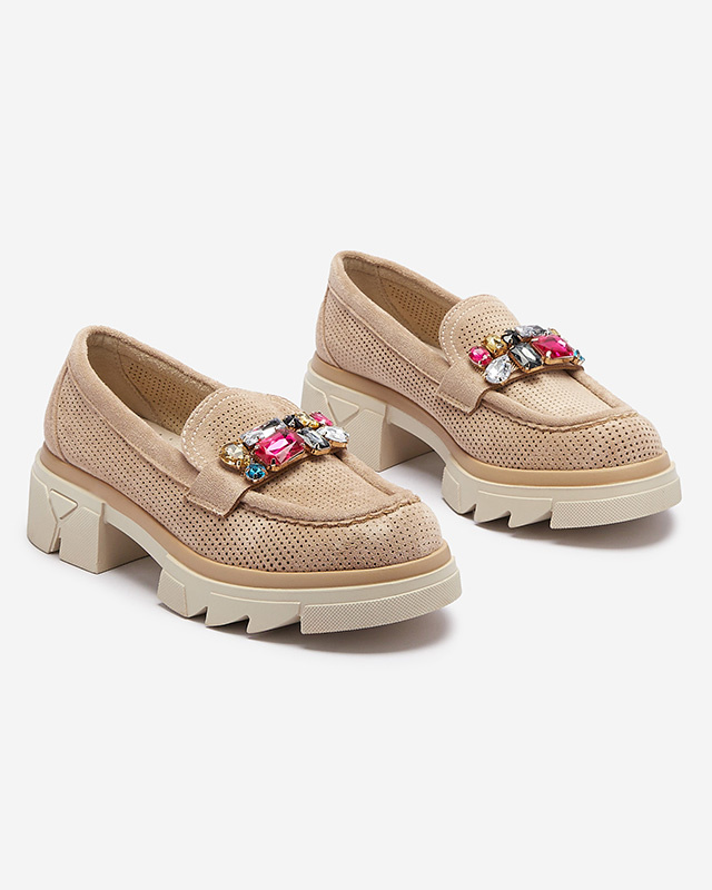 Resti Light brown openwork women&#039;s moccasins with ornament Bokkso- Footwear