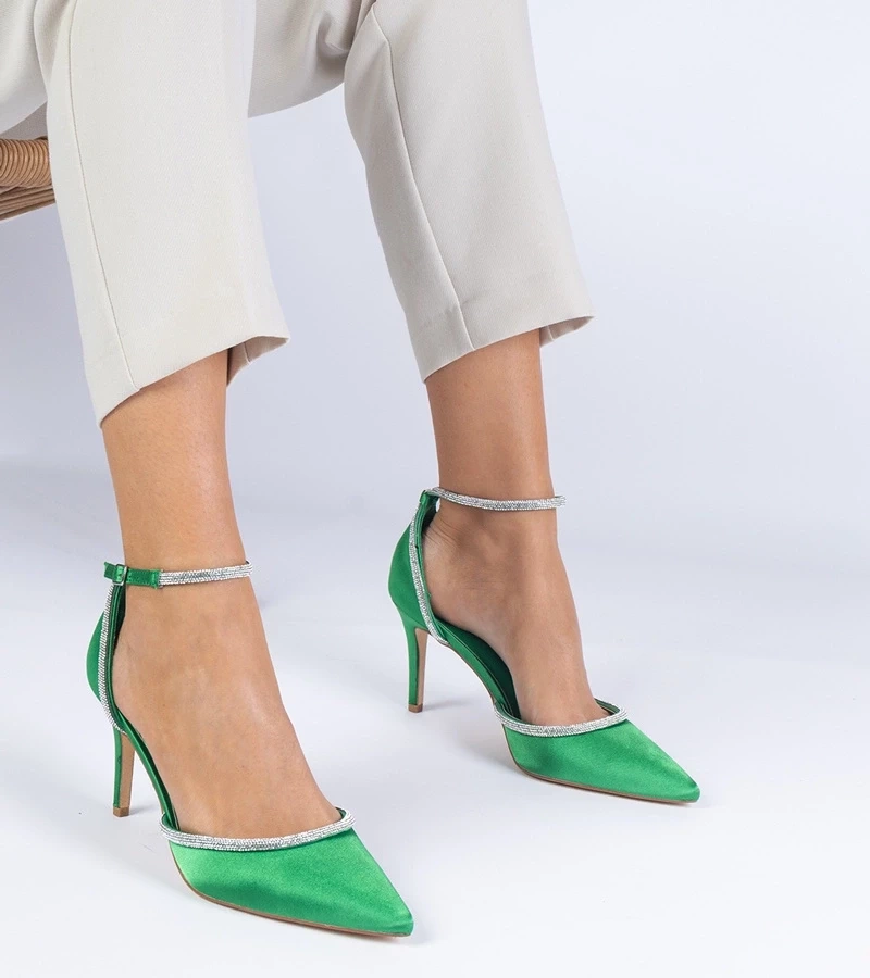 marka niezdefiniowana Green satin pumps decorated with rhinestones Fugatto