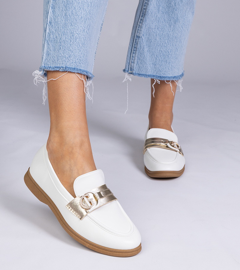 Gemre Mocasini albi din piele ecologică cu pietre strălucitoare Berita