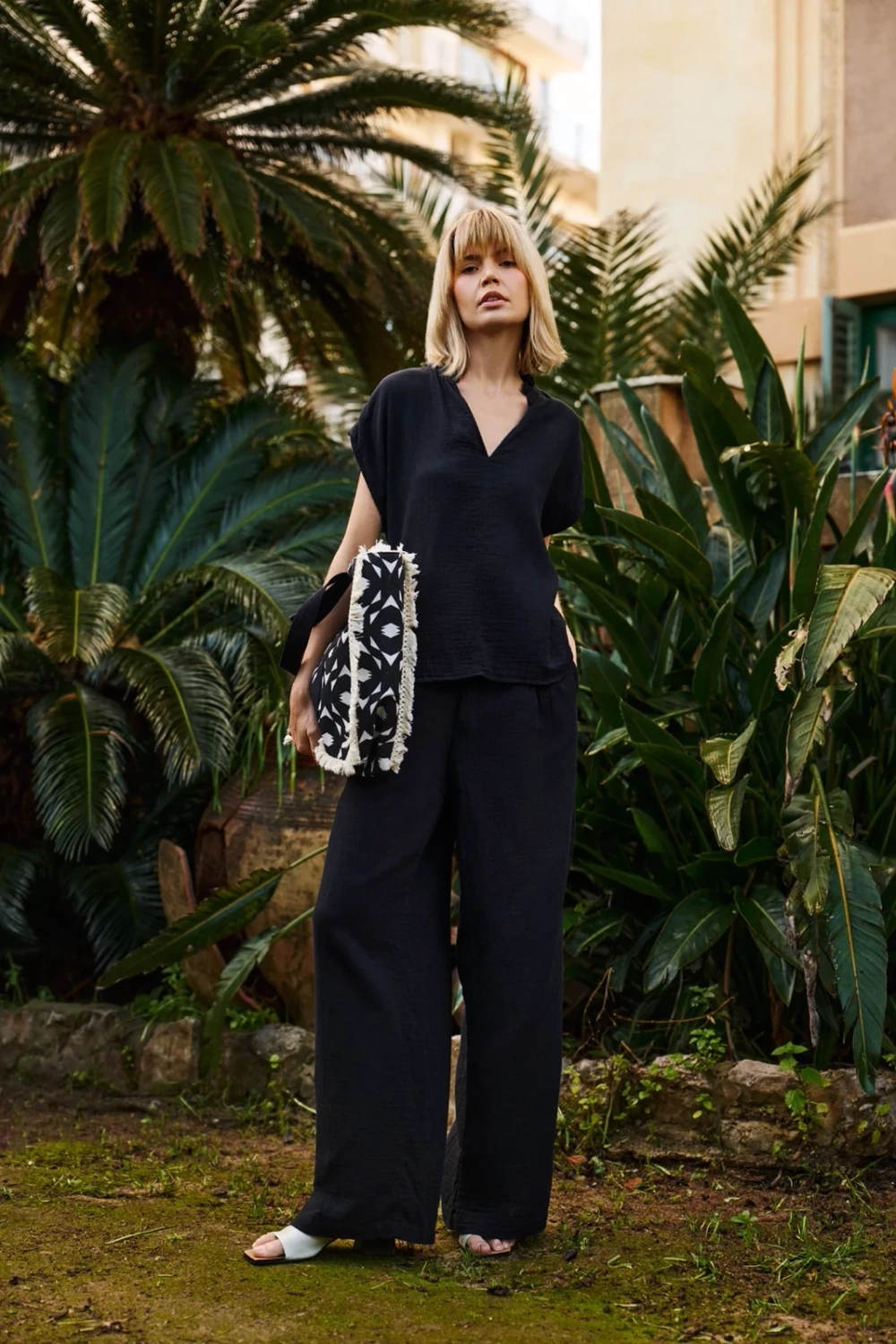 Marisse Black Cotton Wide-Leg Trousers