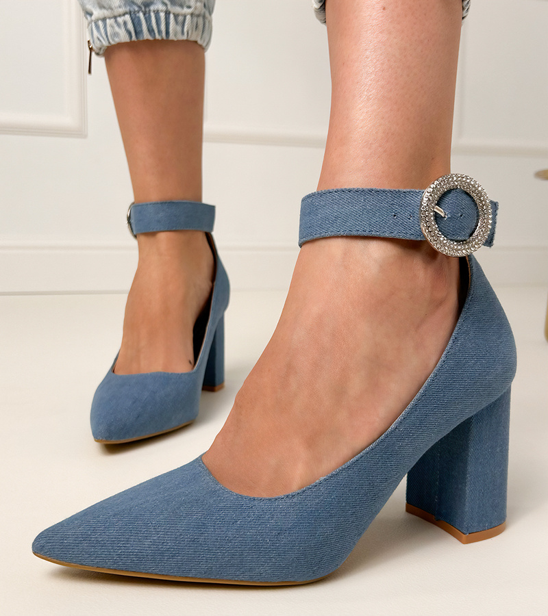 D/CEO Denim block heel pumps with buckle and rhinestones Vellus