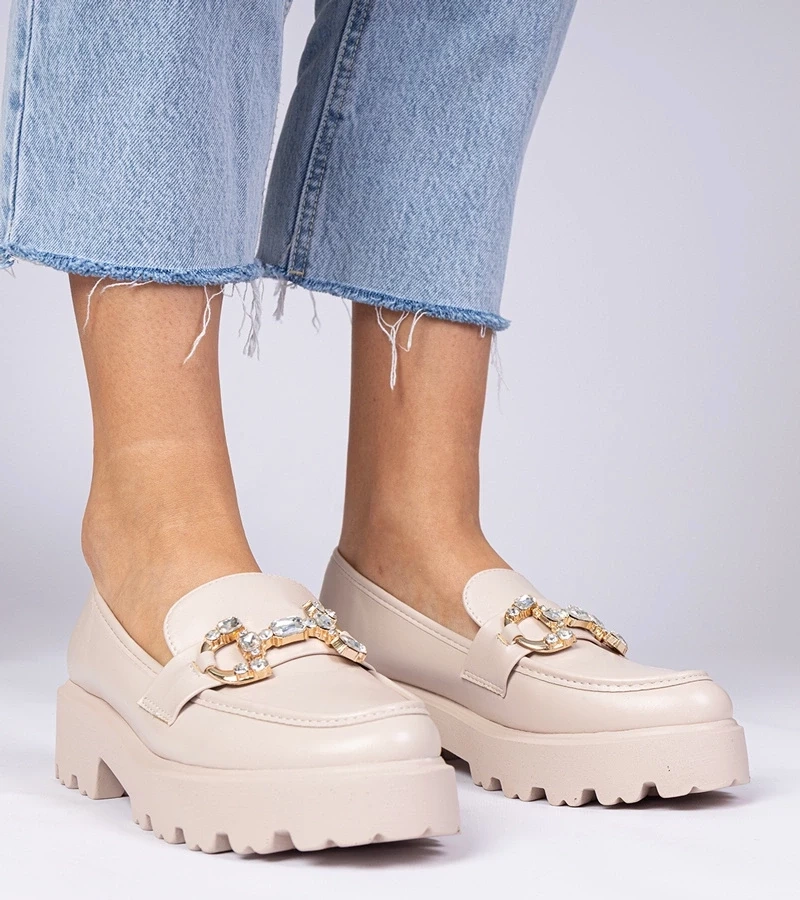 marka niezdefiniowana Beige elegant moccasins with rhinestones Zelda