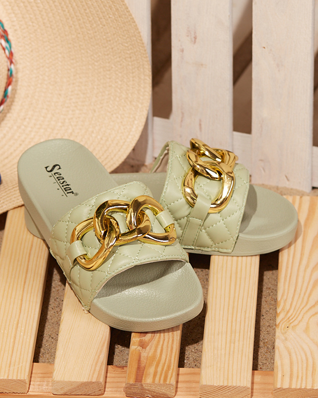 Resti Women&#039;s green quilted slippers with a gold chain Eteris - Footwear