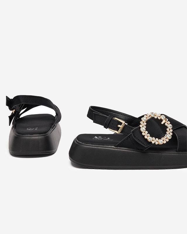 Resti Black fabric women's sandals on a flat sole with cubic zirconia Senire - Footwear
