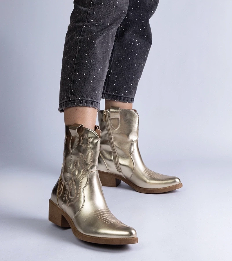 Gemre Botine de damă aurii cowboy cu toc gros peste gleznă metalice Madeira