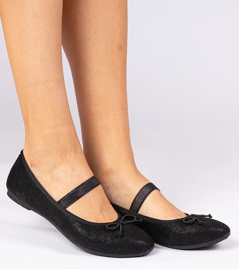 marka niezdefiniowana Black women's ballet flats with bow on elastic Lerona