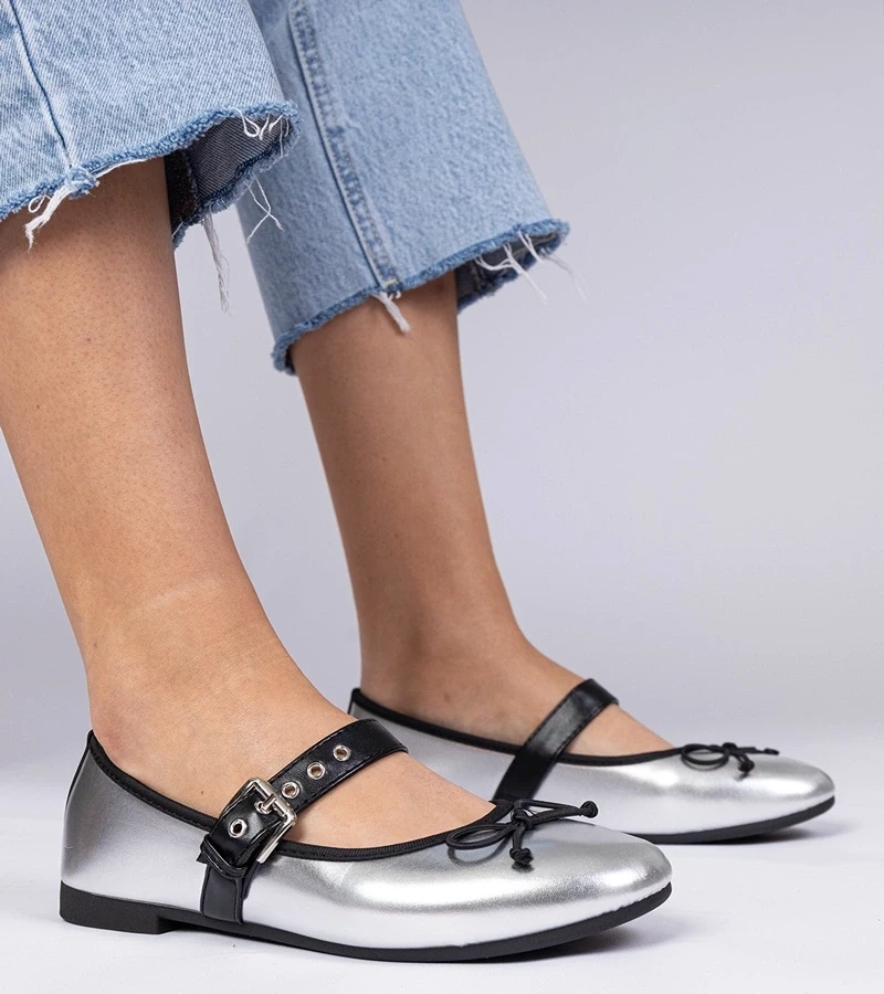 marka niezdefiniowana Silver women's ballet flats with bow Mansy