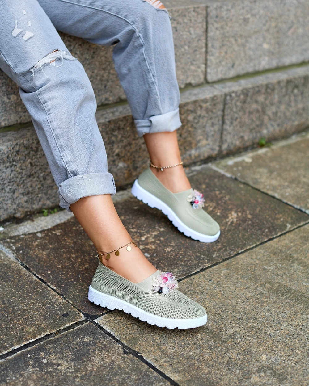 Resti Khaki women's fabric moccasins with crystals Fezens