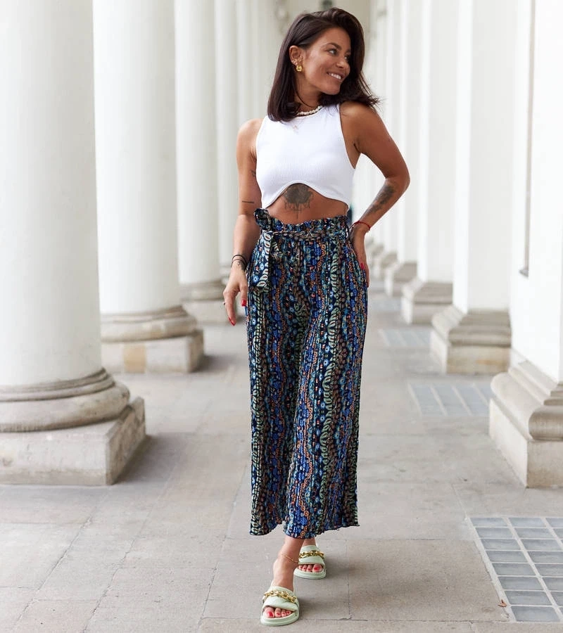 Gemre Pantaloni Archimede cu pliuri largi albastru marin